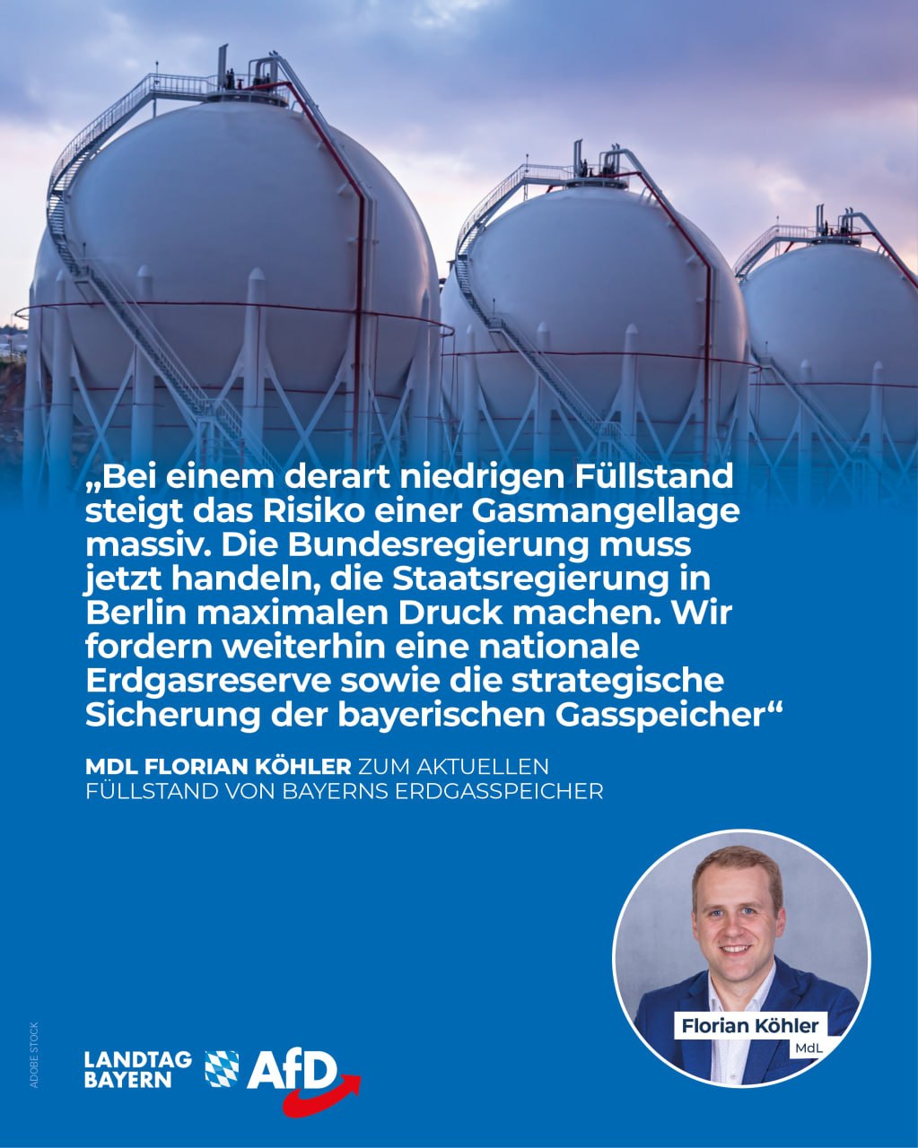 Bayerns Gasspeicher nur 29 Prozent gefüllt – Bundesregierung muss jetzt handeln